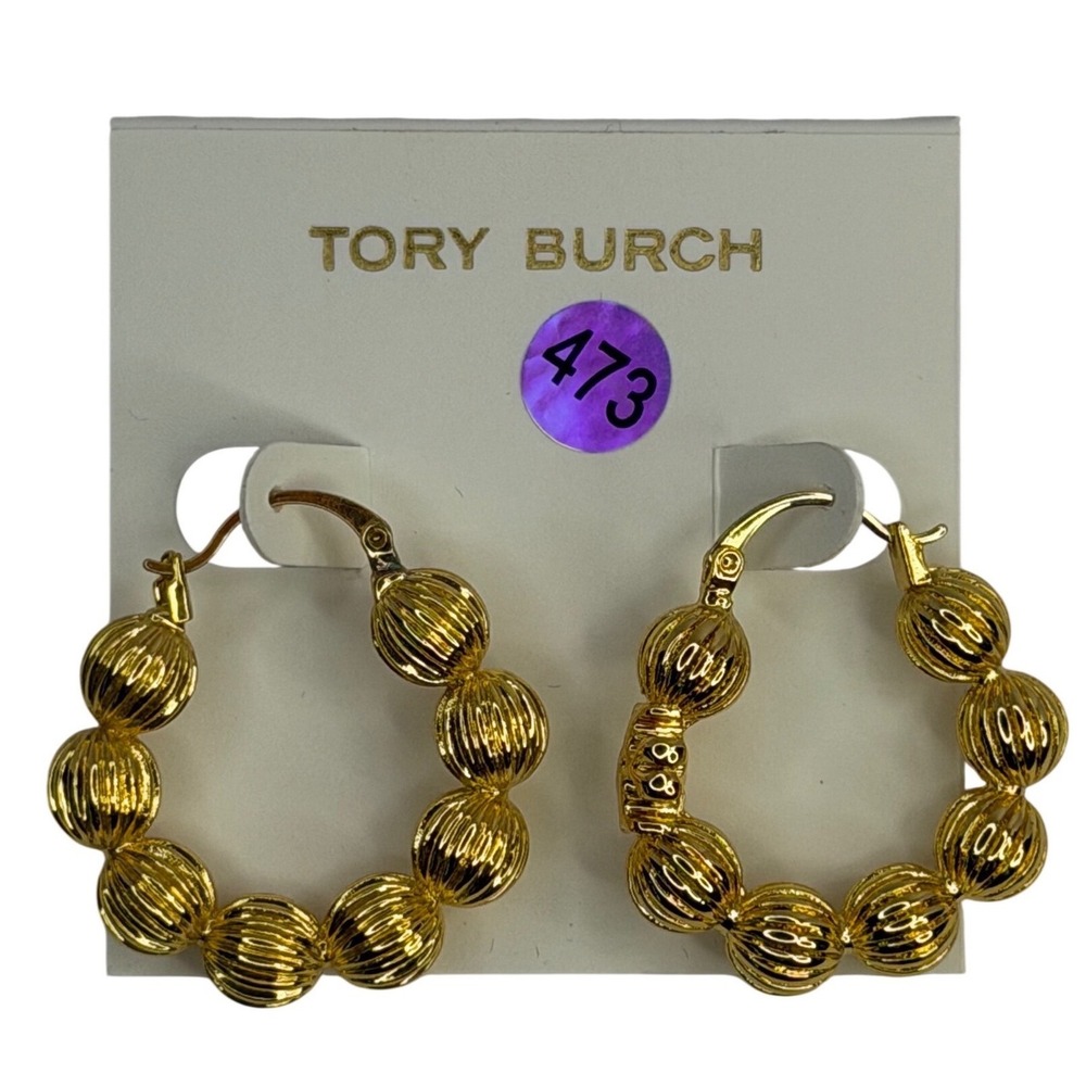 Tory Burch Gold Textured Ribbed Bead Hoop Earrings Latch Back Designer NWT